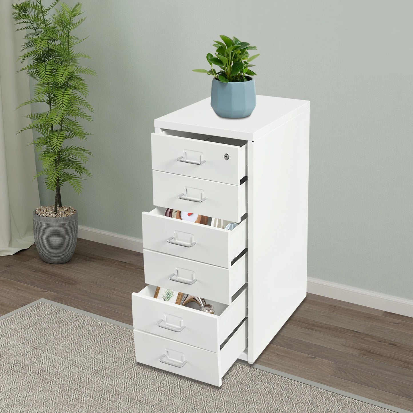 Lockable 6 Drawer File Cabinet On Wheels Metal Office Storage