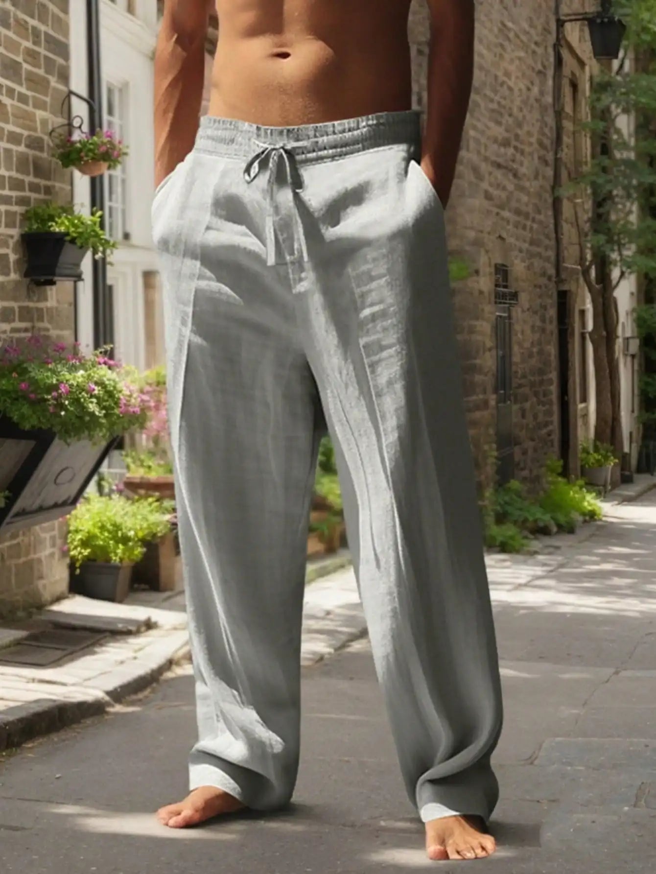 Men's Linen Wide Leg Casual Pants Breathable Lightweight Summer Wear