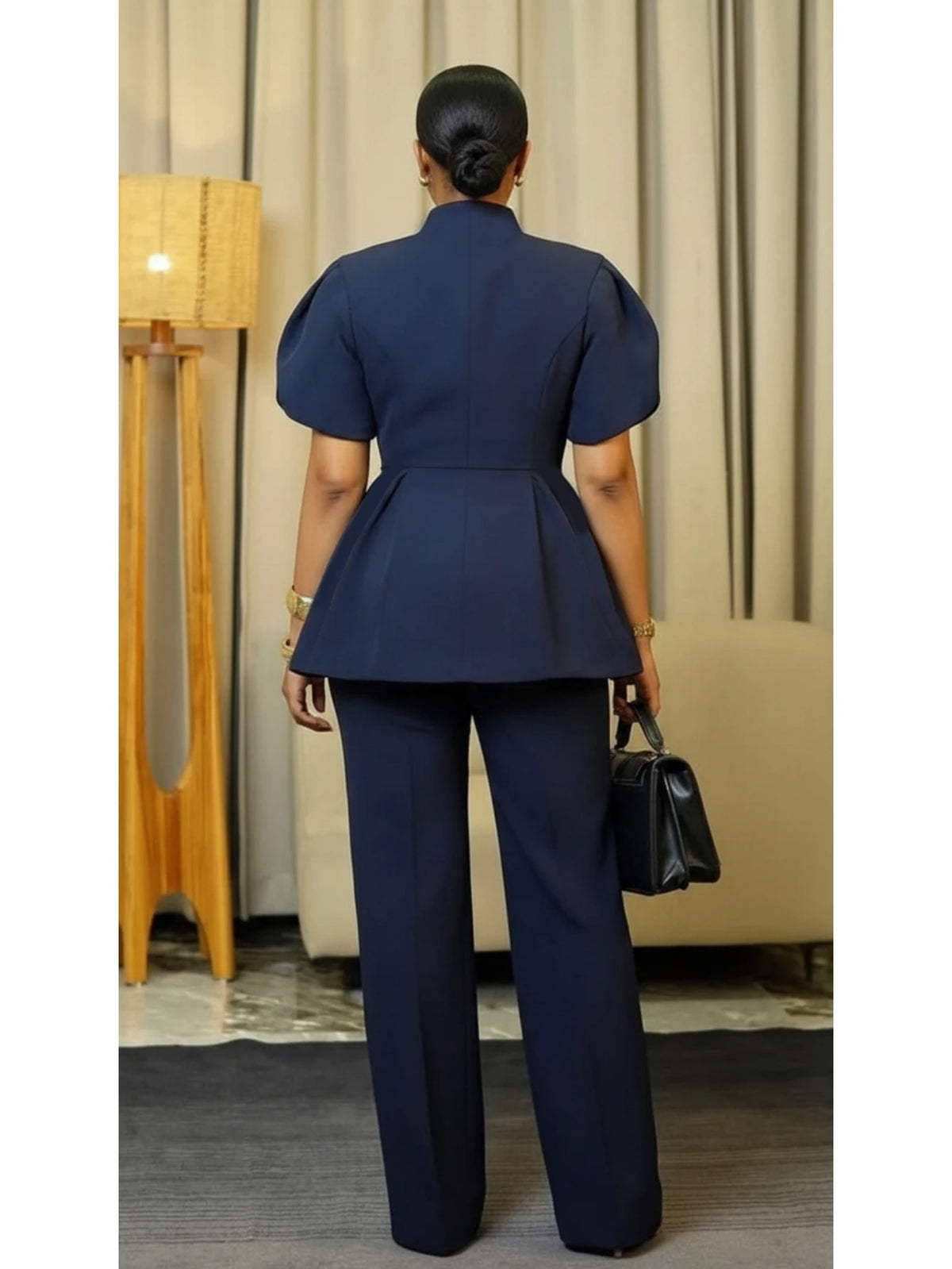 Women's Stand Collar Puff Sleeve Peplum Top And Pants Suit