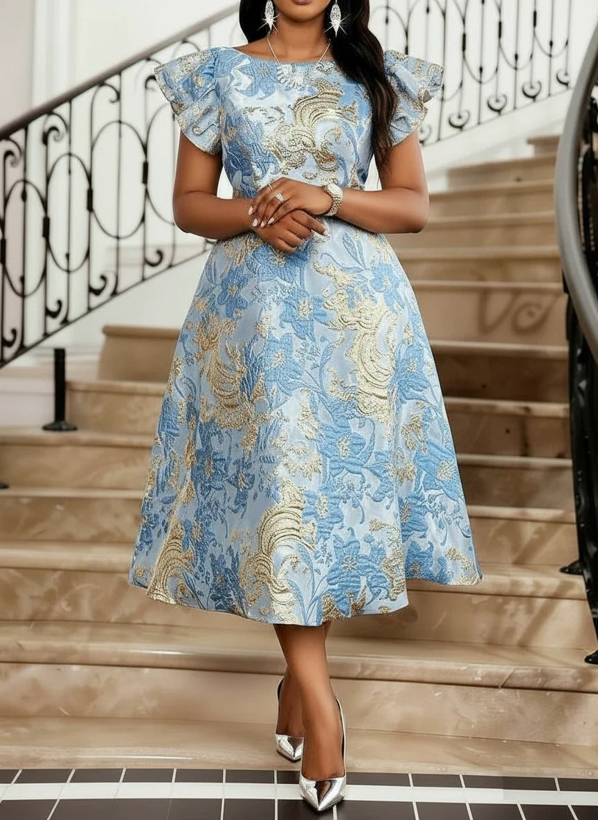 Printed Midi Flare Dress With Ruffle Sleeves For Wedding Guest
