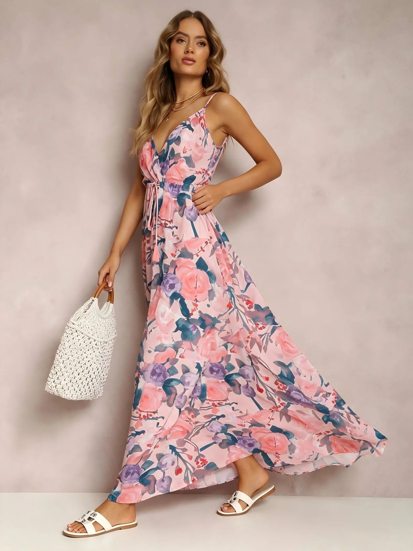 Women Watercolor Floral Maxi Dress V Neck Summer Beach Sundress