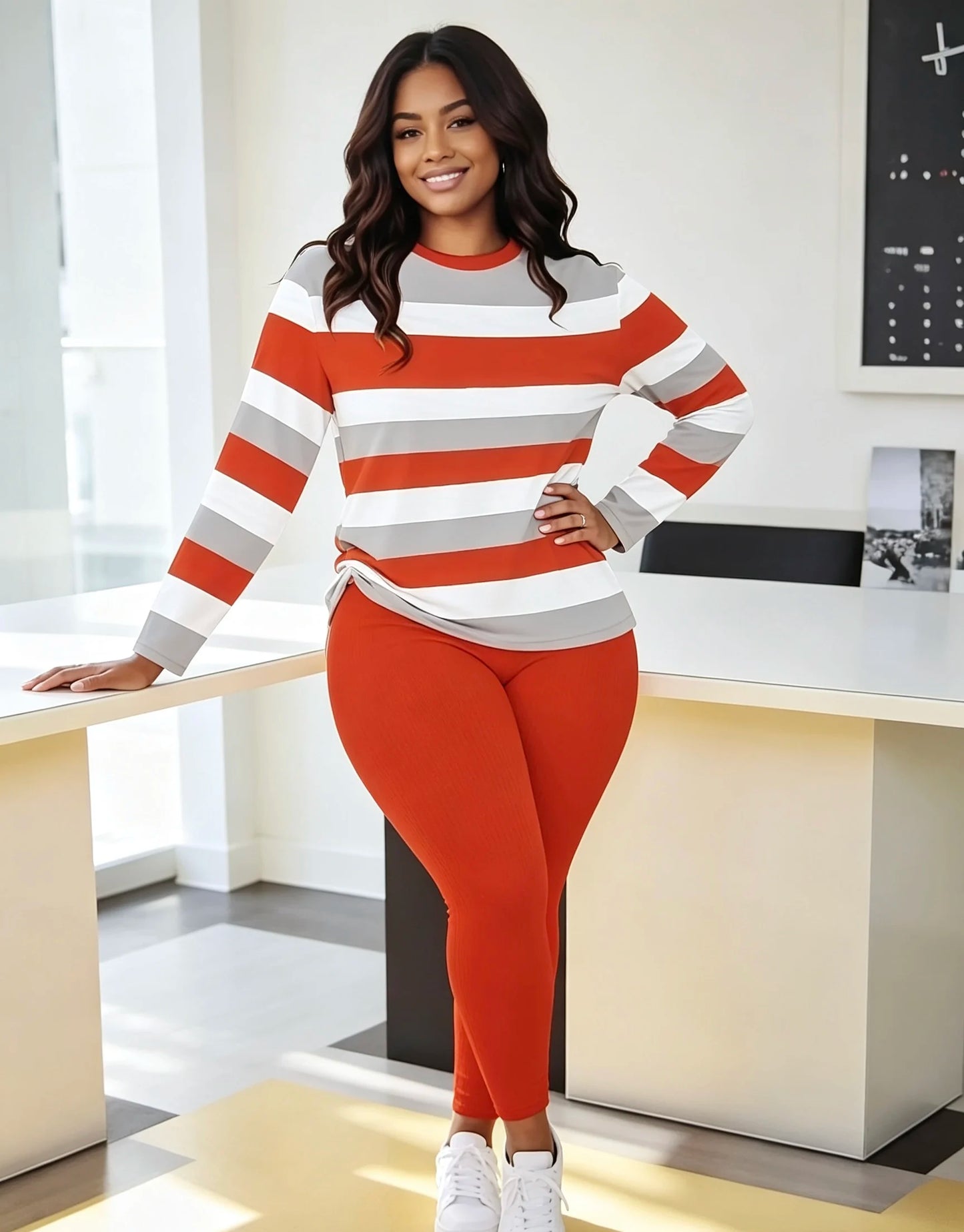 Women's Long Sleeve Two Piece Set Ribbed Pants Casual Loungewear
