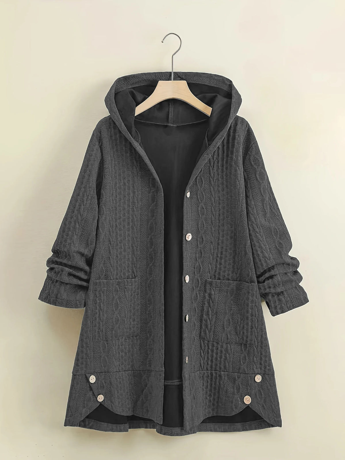 Curvy Cable Knit Hooded Button Front Cardigan With Side Pockets
