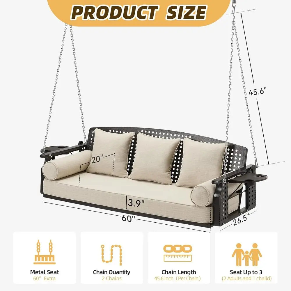 Three Seat Hanging Porch Swing With Cup Holders And Cushions