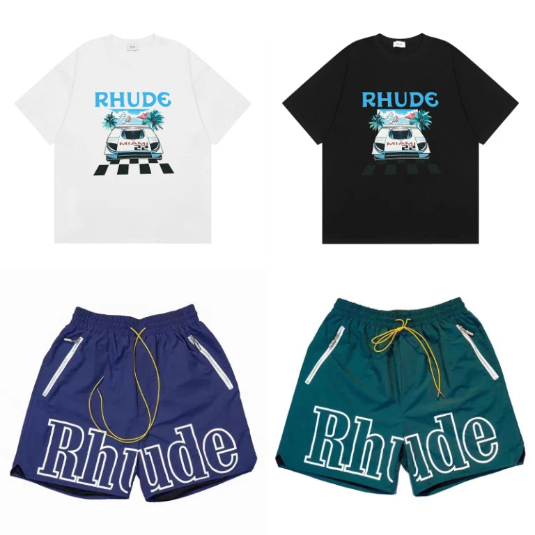 RHUDE Men's Casual Shorts Elastic Waist Drawstring Beach Shorts