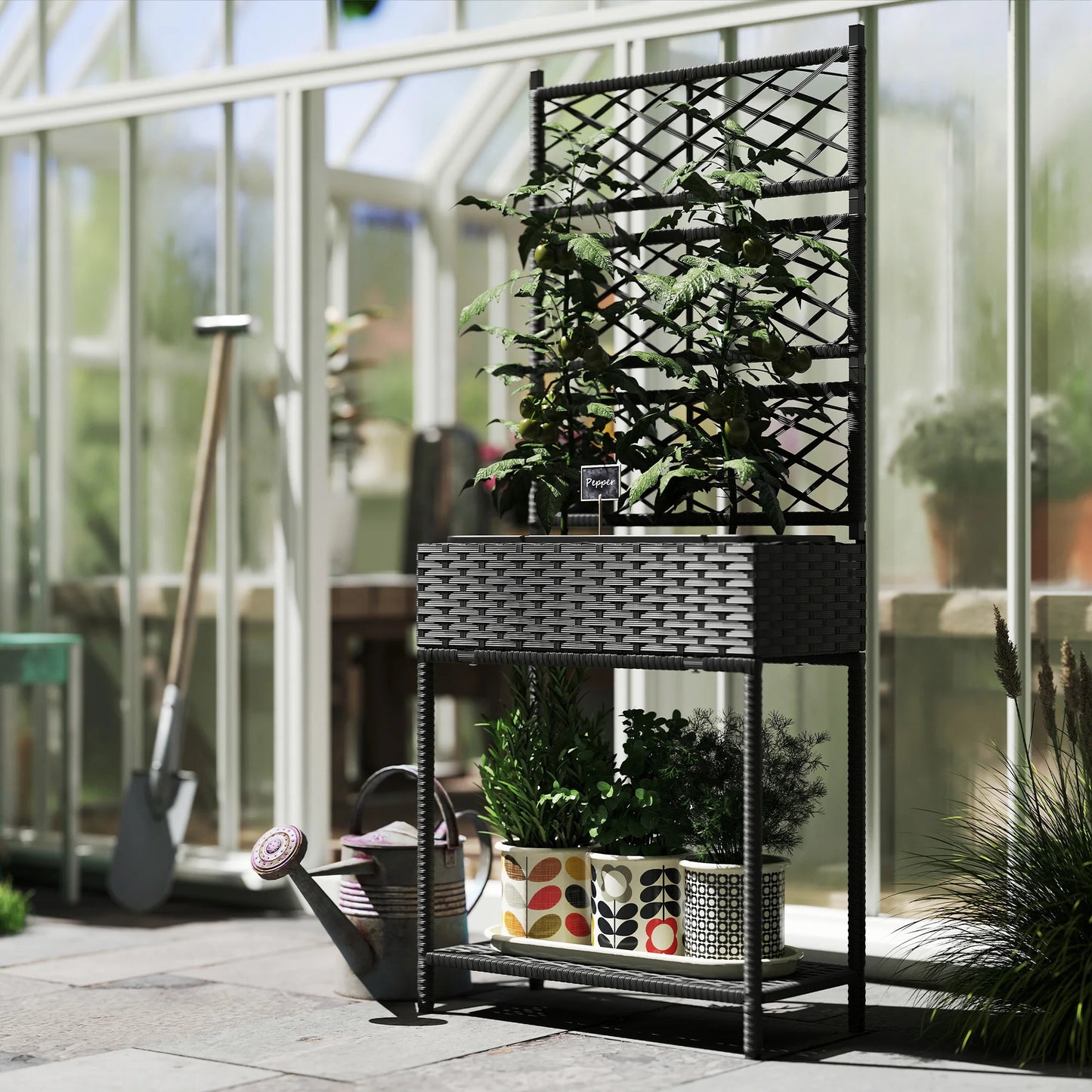 Outsunny Rattan Elevated Planter With Flower Stand And Storage Shelf