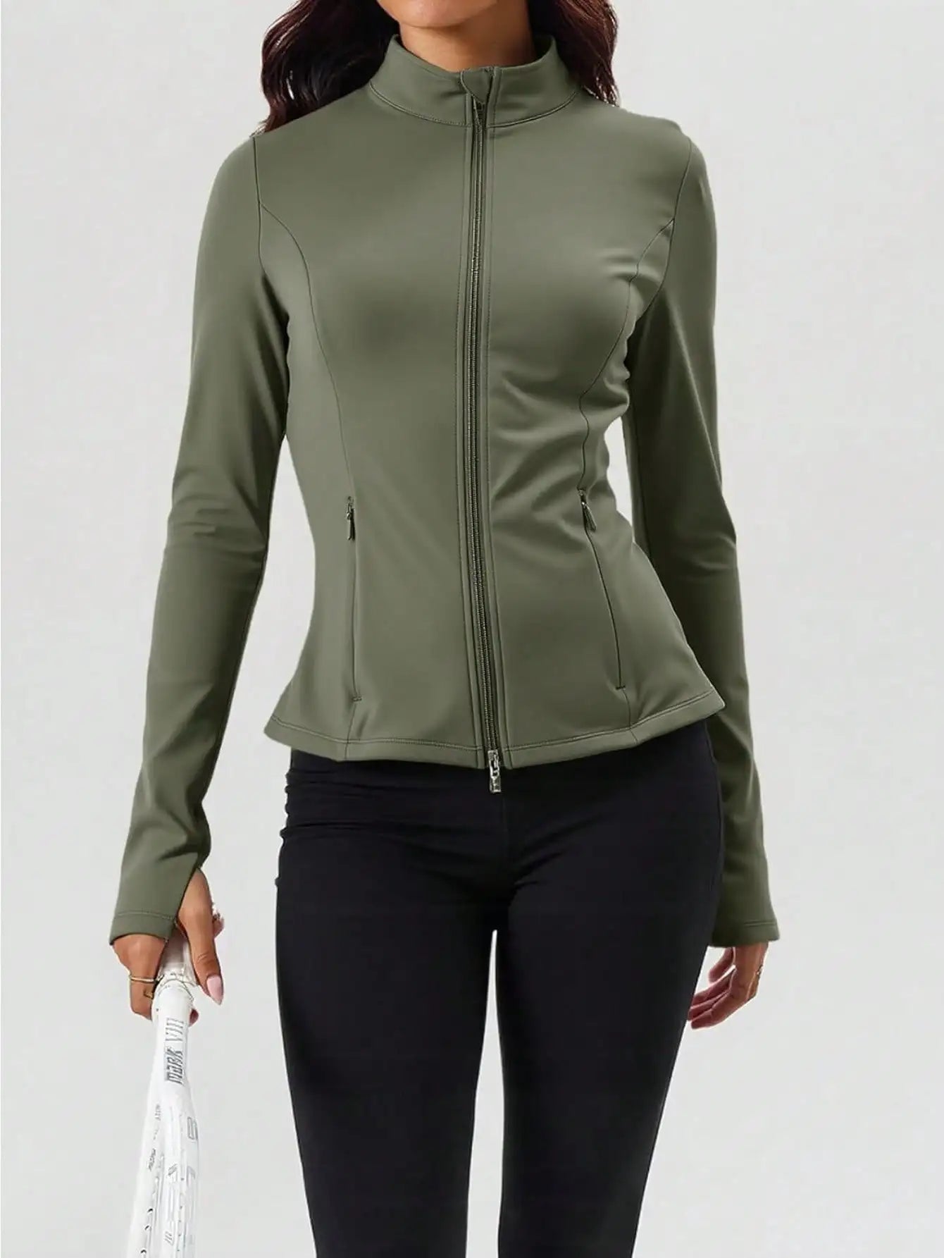 Fisoew Womens Pleated Athletic Jacket Zip Up With Stand Collar