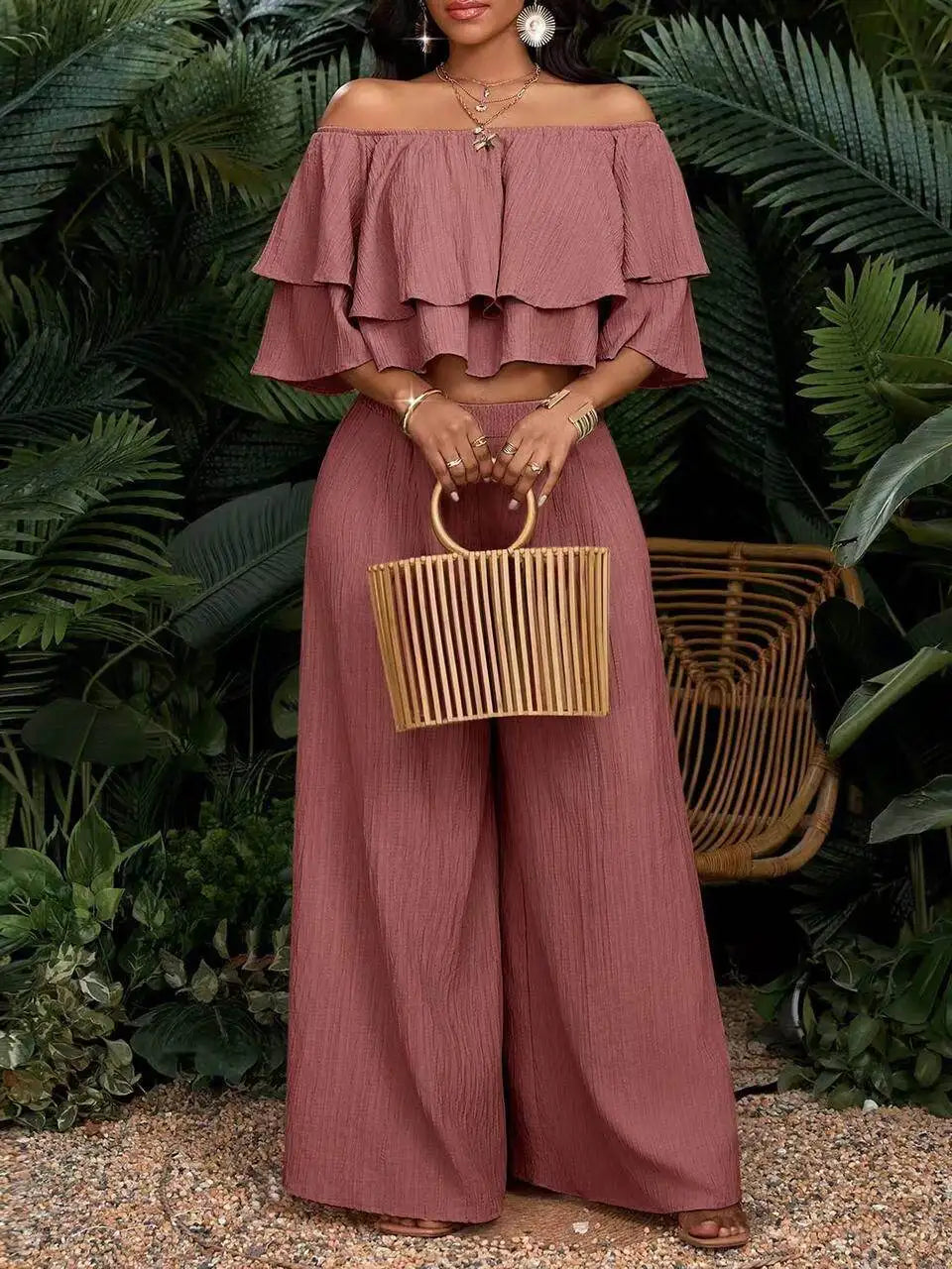Women Off Shoulder Ruffle Crop Top Wide Leg Pants Set