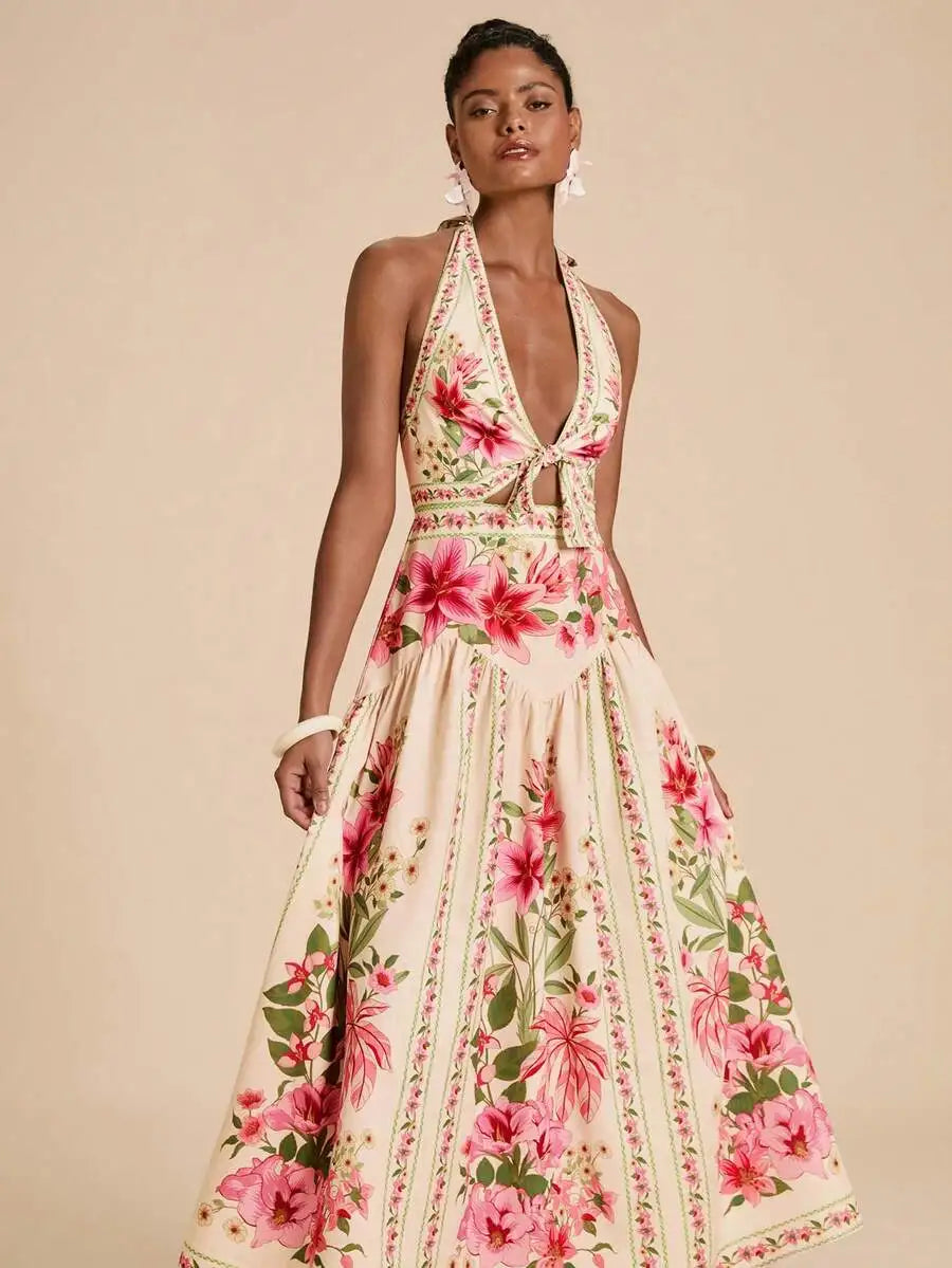 Elegant Floral Print Halter Backless Vacation Dress For Women
