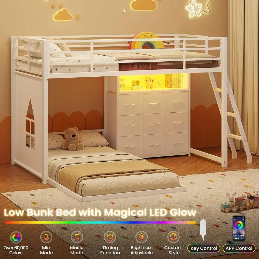 Twin Over Twin L-Shaped Bunk Bed With Storage Drawers And LED Play Area