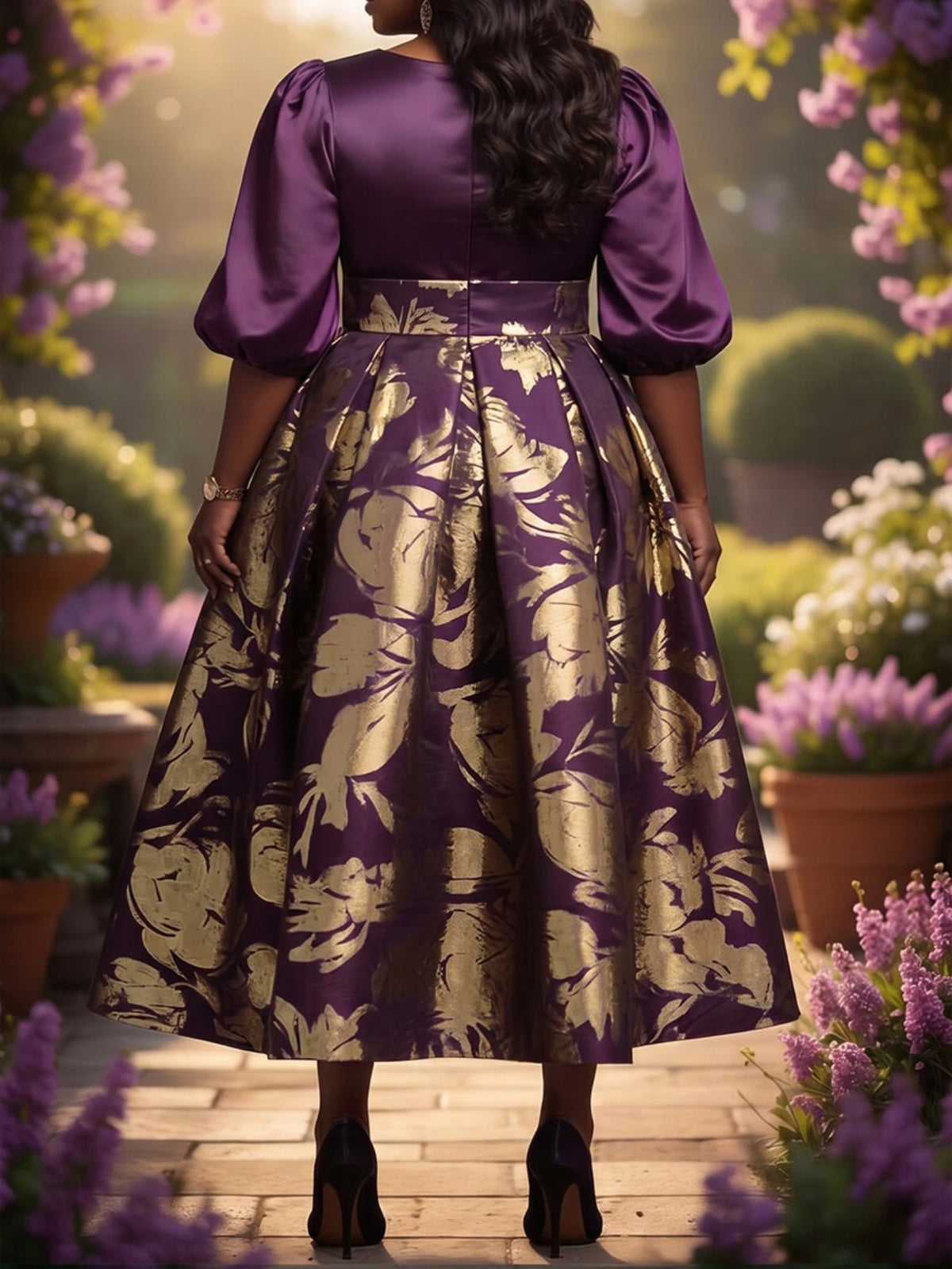 Elegant Floral Midi Dress With Puff Sleeves For Weddings