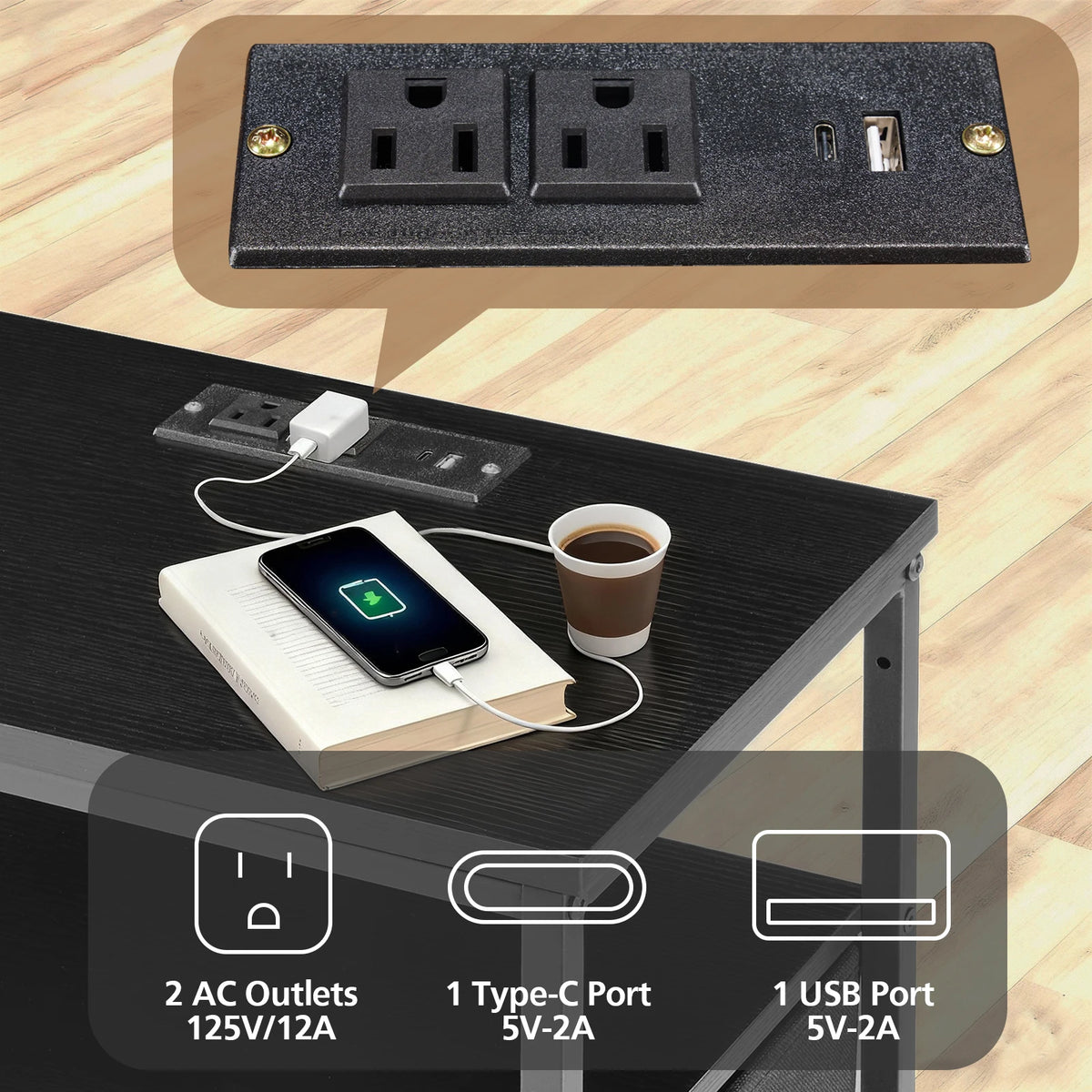 JHK Bedside Nightstand With Charging Station And USB Ports