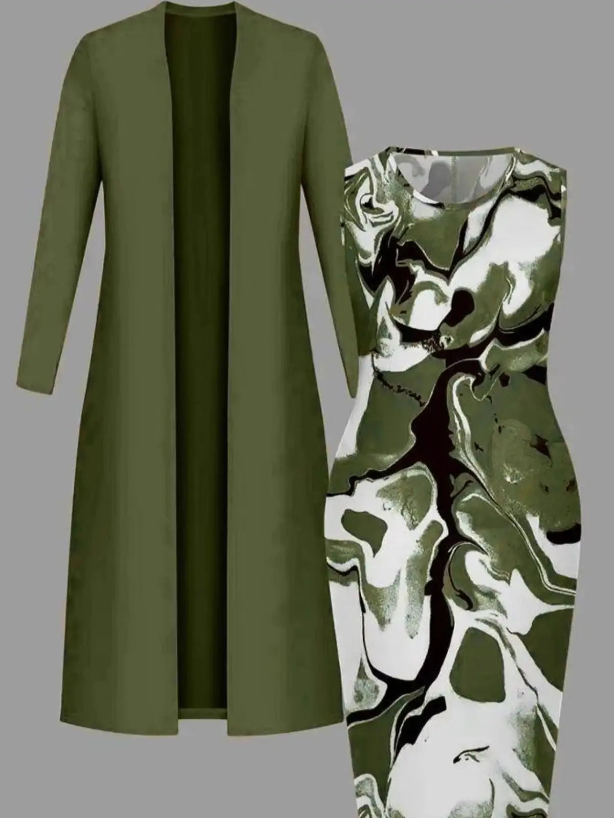 Women's Long Cardigan And Marble Print Midi Dress Outfit Set