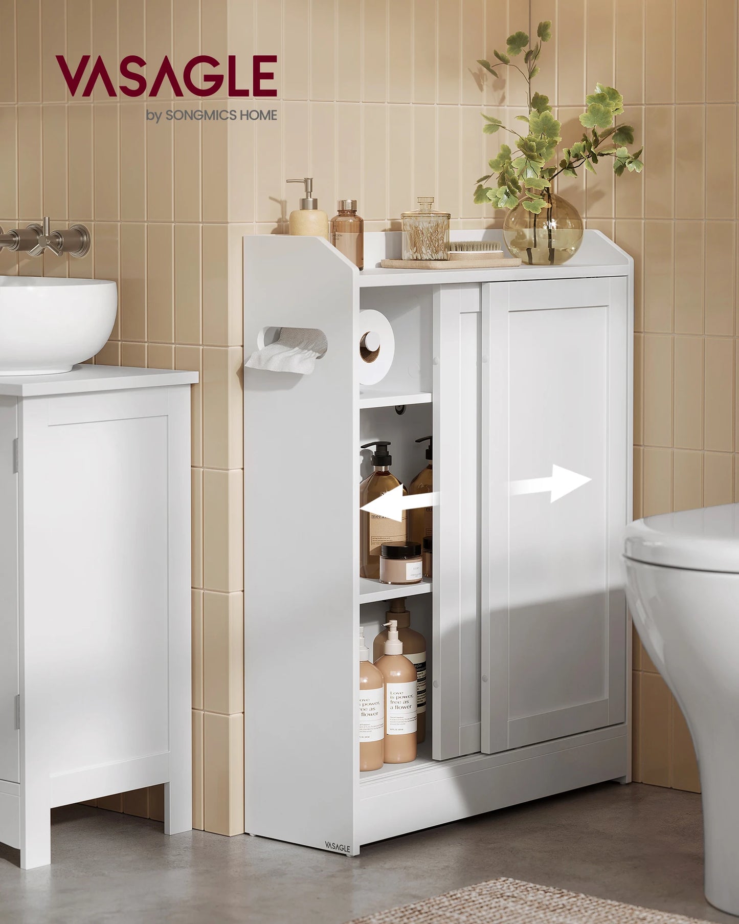 VASAGLE Narrow Storage Cabinet With Sliding Doors Toilet Paper Holder