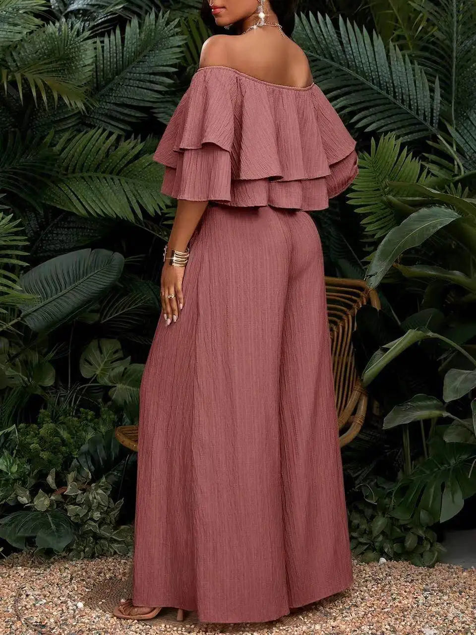 Women Off Shoulder Ruffle Crop Top Wide Leg Pants Set